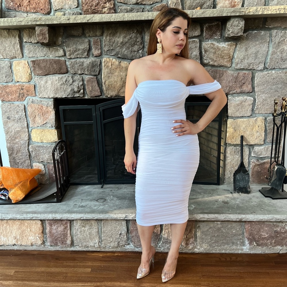 White midi ruched dress